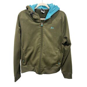 Under Armour Full Zip Hoodie Womens XL Long Sleeve Fleece Olive Green Blue Comfy